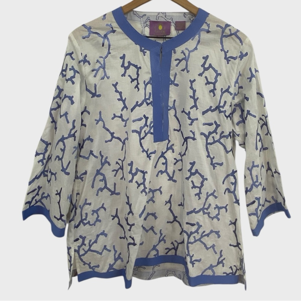 CJ Laing White Periwinkle Coral Embroidered Cotton Tunic Size XL